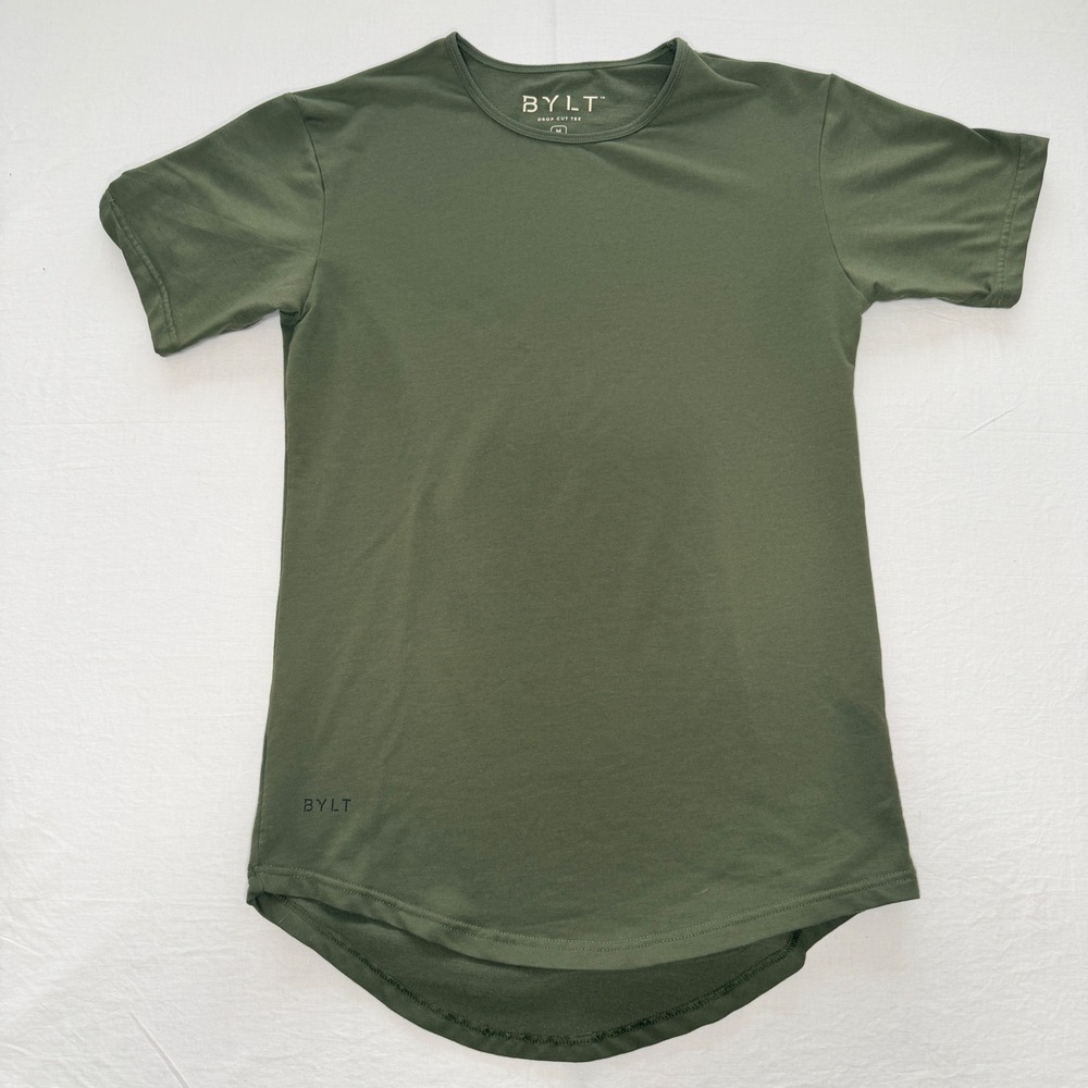 BYLT Basics Drop Cut Tee Men's Medium Olive Green Short Sleeve Curved Hem Shirt